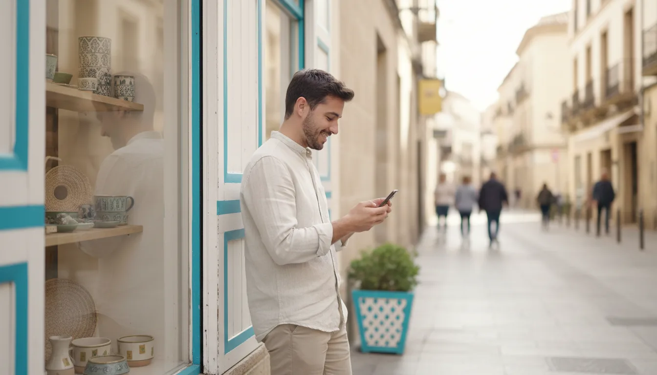 Cliente en la calle mirando en el móvil el aviso de que su ropa ya está lista